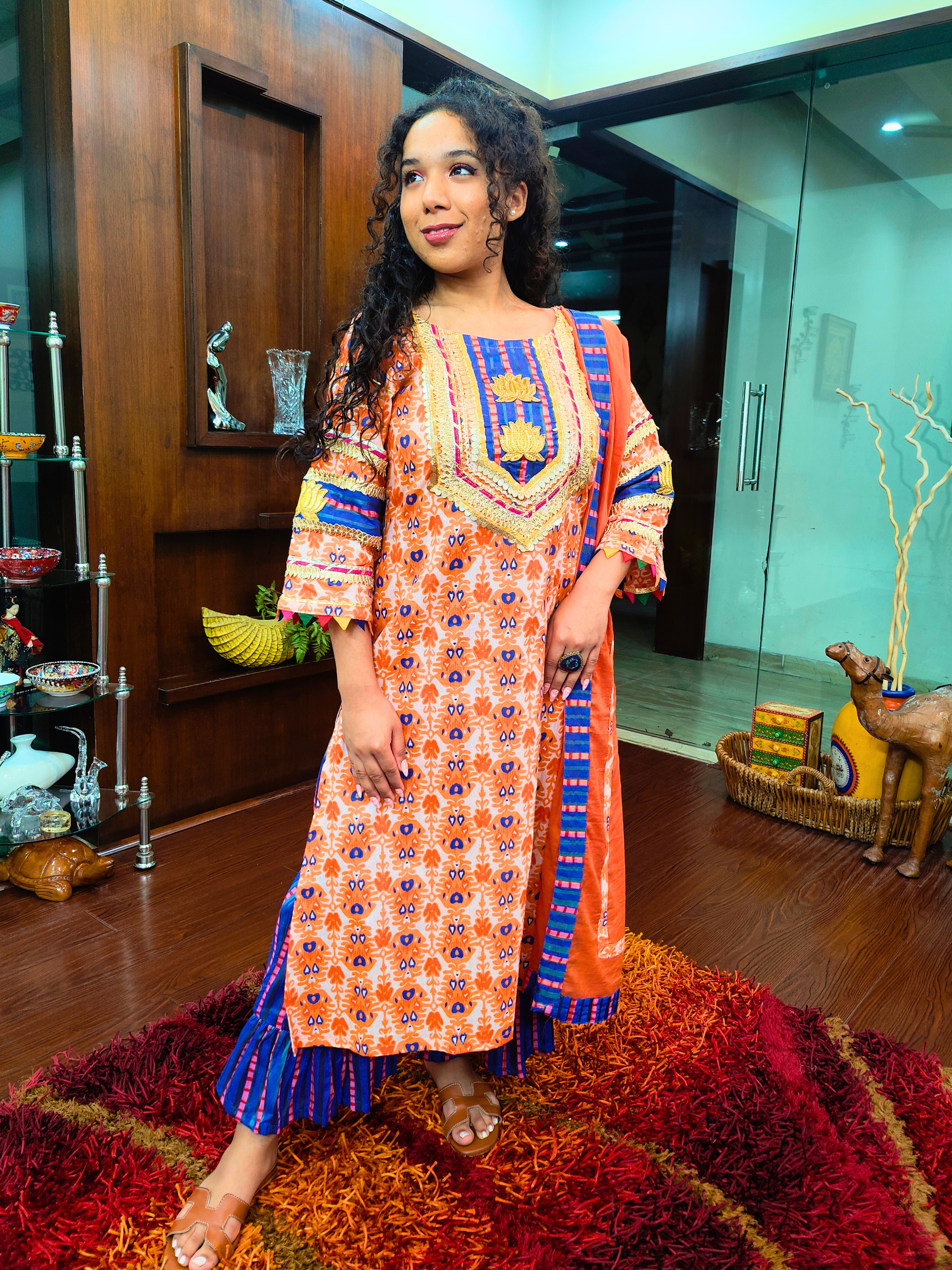 Orange and Blue Silver Gota Cotton Stitched Suit Set