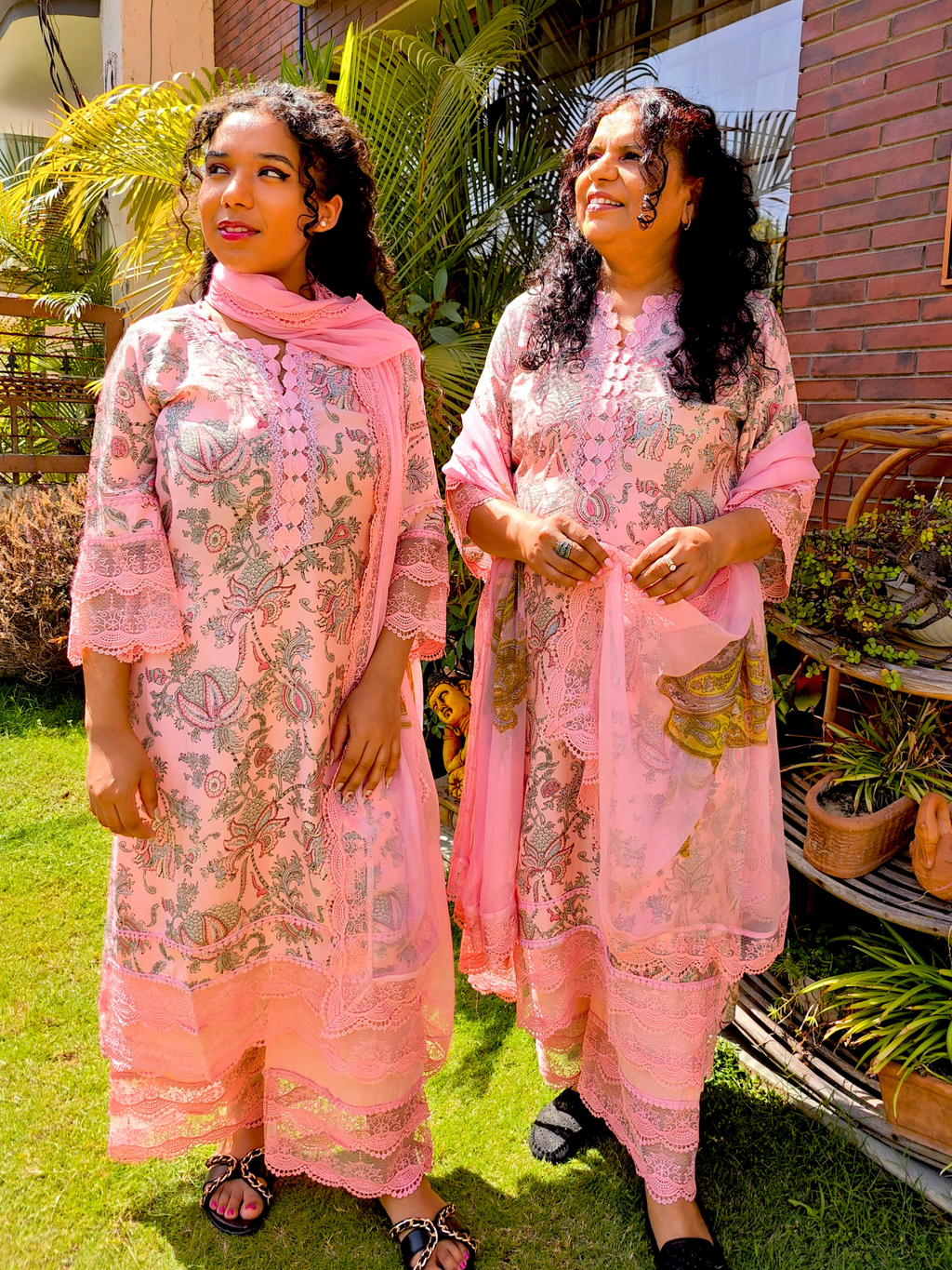 Peach Handblock Cotton Italian Lace Stitched Suit Set