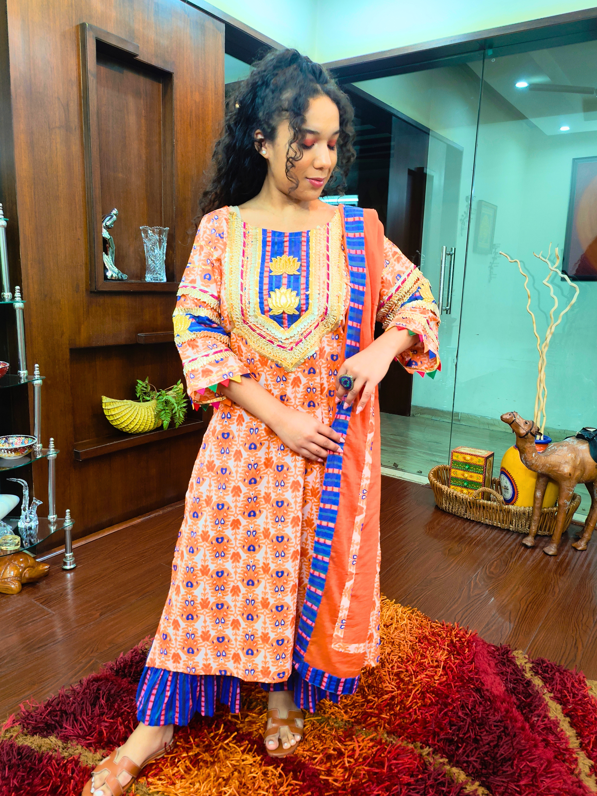 Orange and Blue Silver Gota Cotton Stitched Suit Set