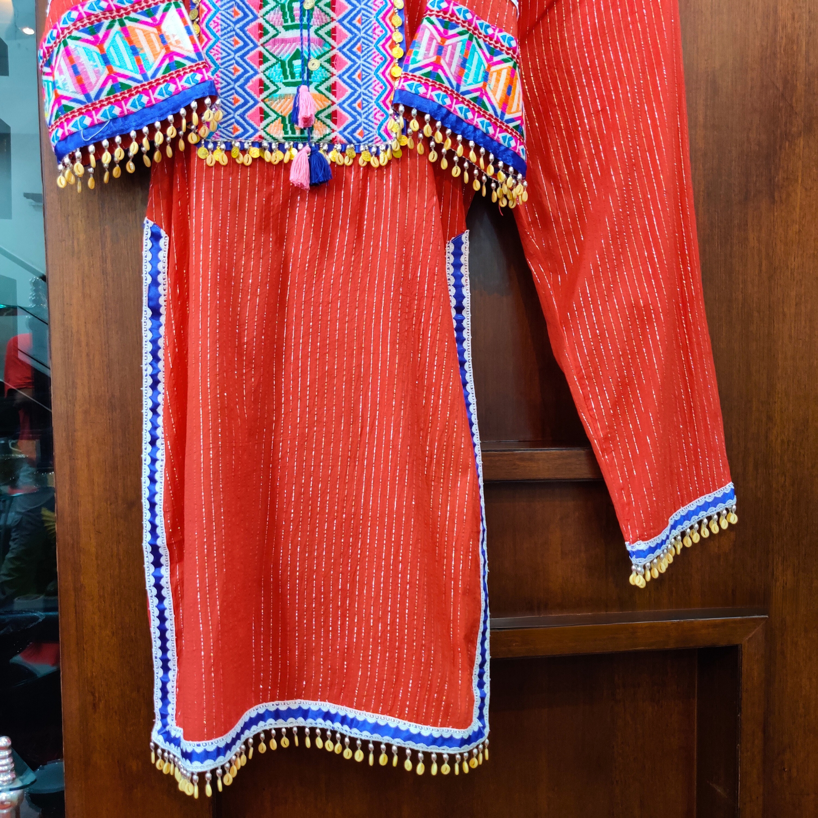 Orange Multi-Colour Sky Blue Embroidered Lurex Cotton Stitched Co-Ord Set