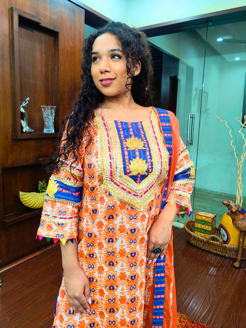 Orange and Blue Silver Gota Cotton Stitched Suit Set