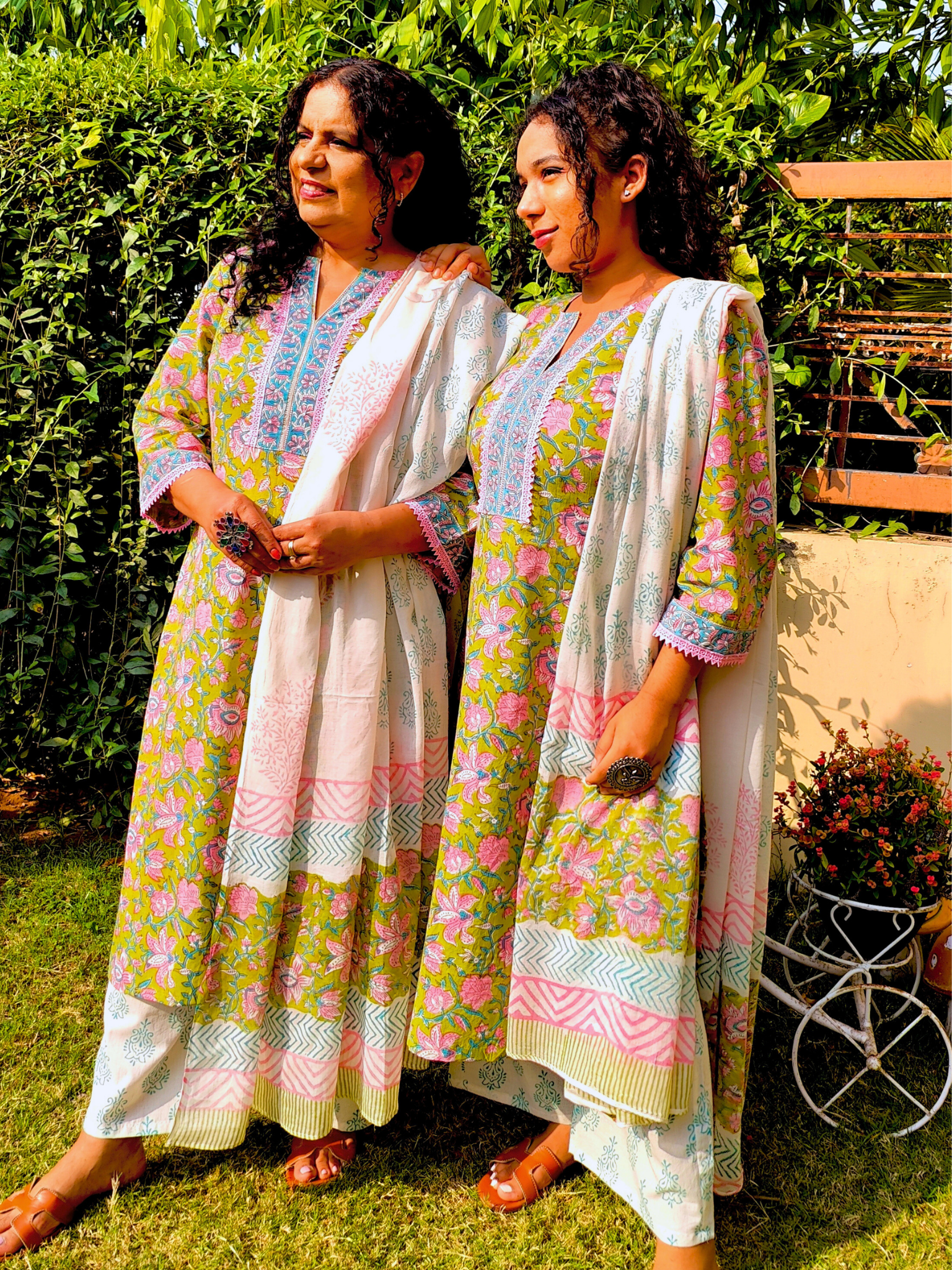 Lime Green Handblock Pink lace Cotton Stitched Suit Set