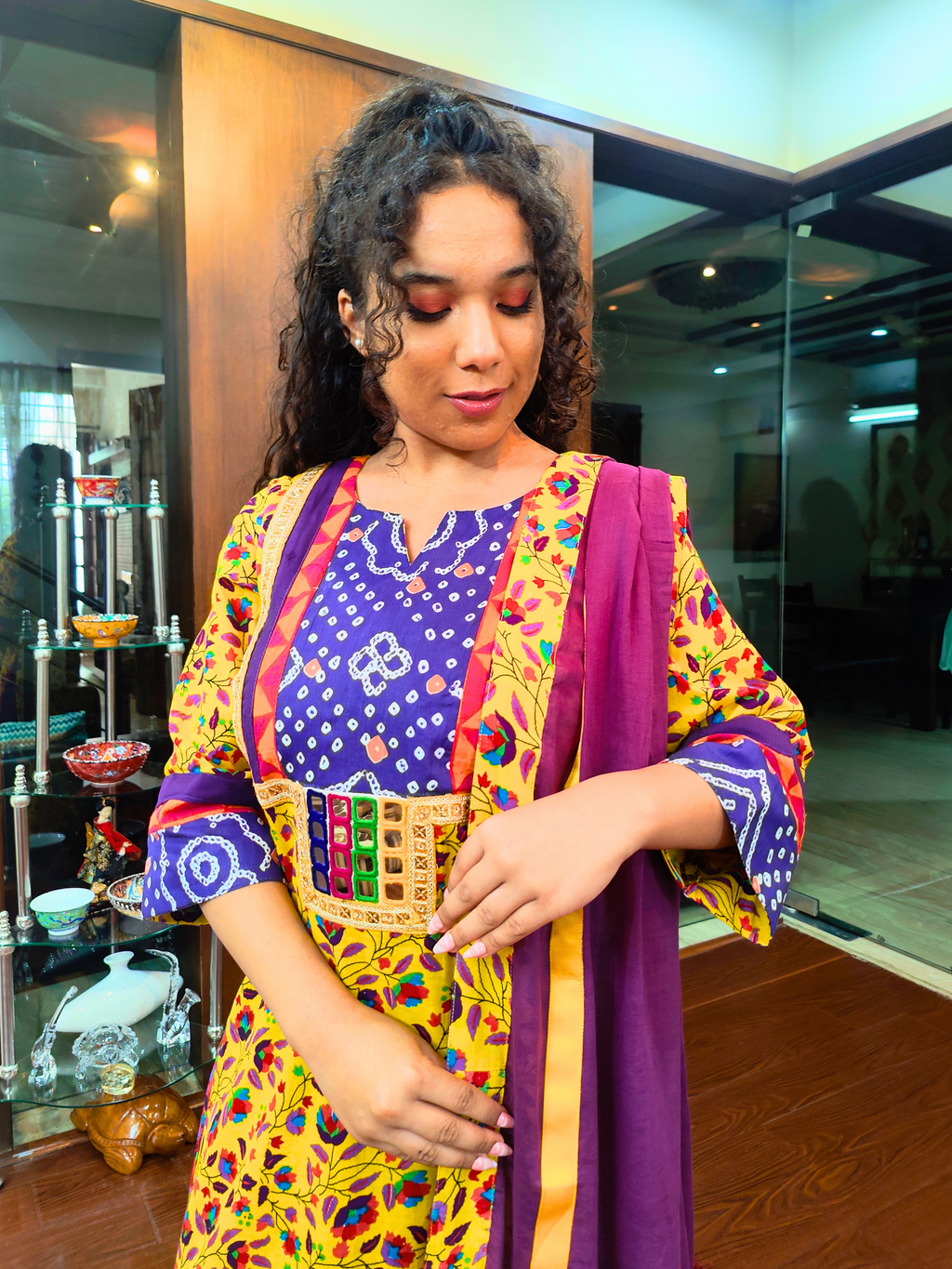 Yellow Floral Handblock Real Mirror Cotton Stitched Suit Set