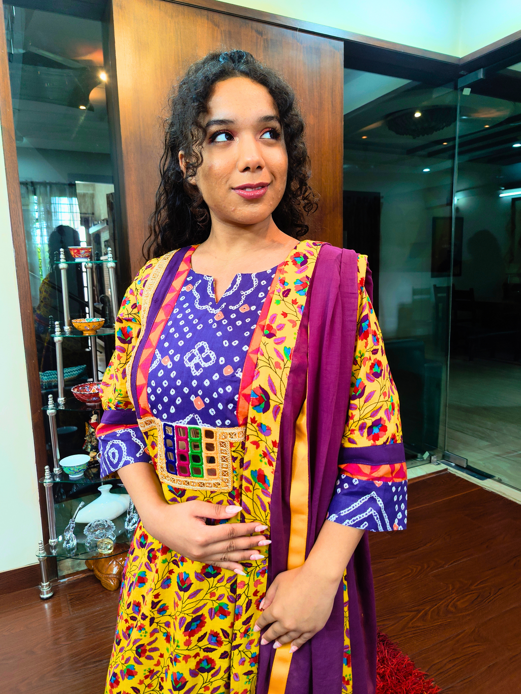 Yellow Floral Handblock Real Mirror Cotton Stitched Suit Set