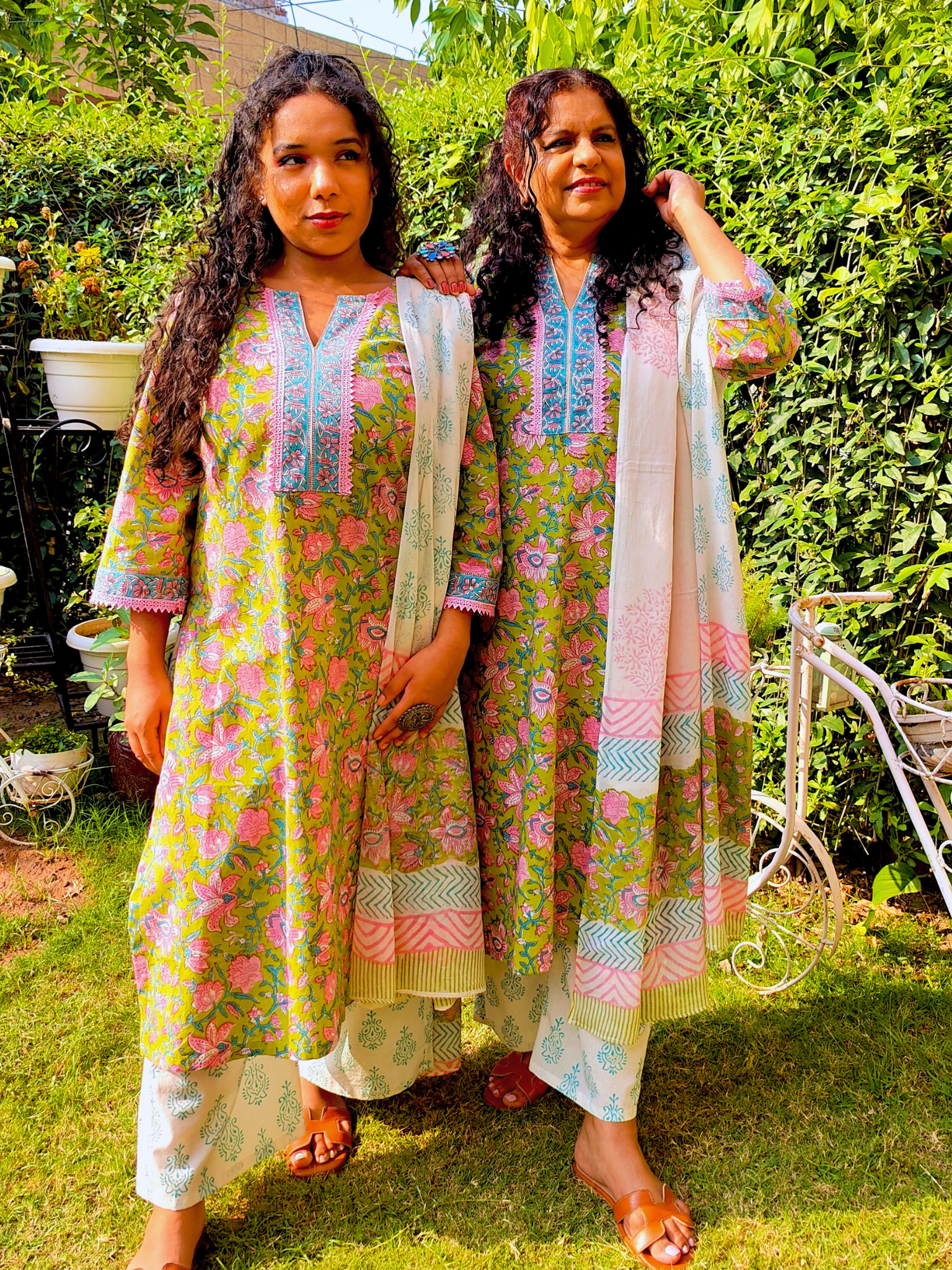 Lime Green Handblock Pink lace Cotton Stitched Suit Set