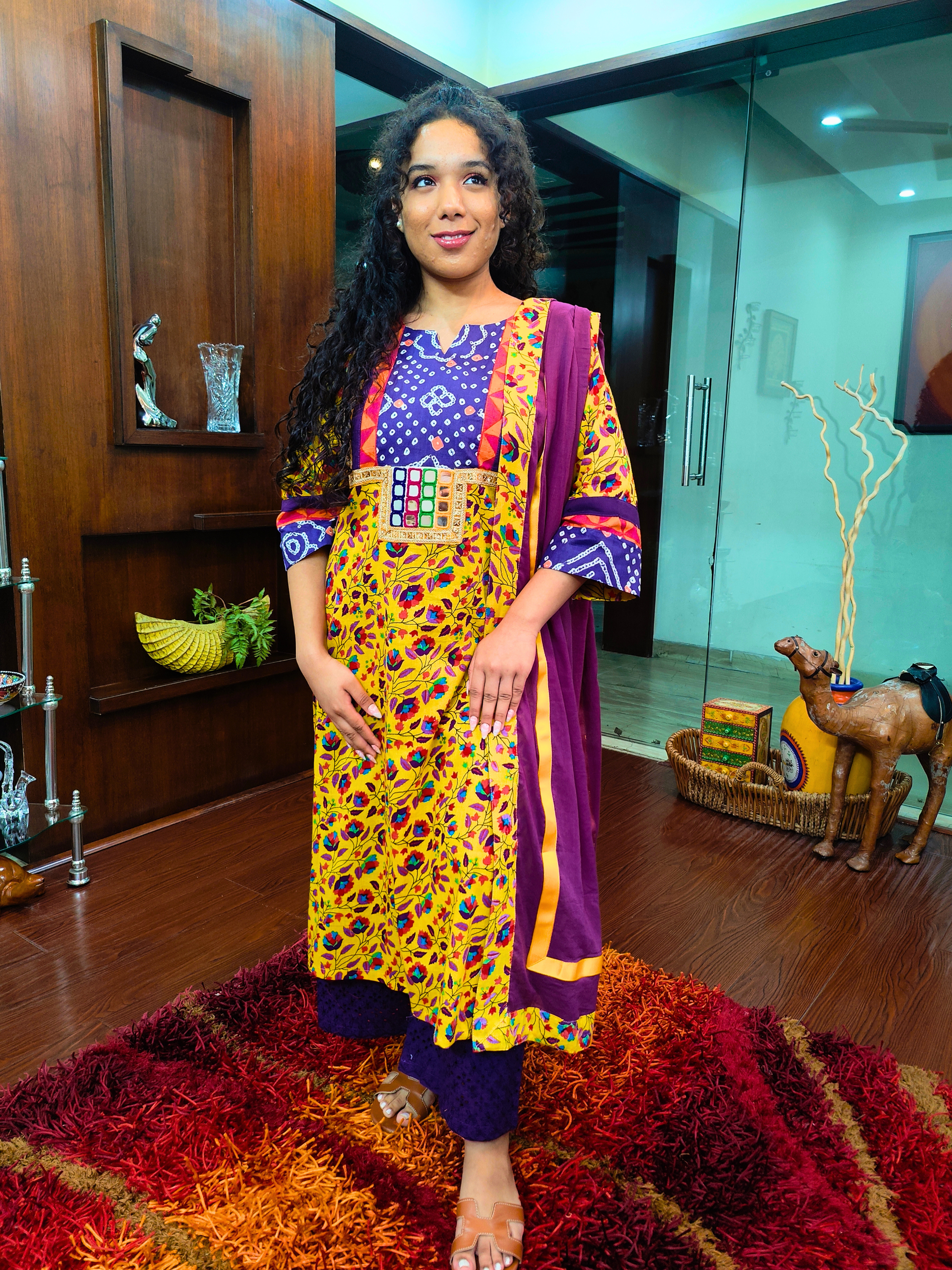 Yellow Floral Handblock Real Mirror Cotton Stitched Suit Set