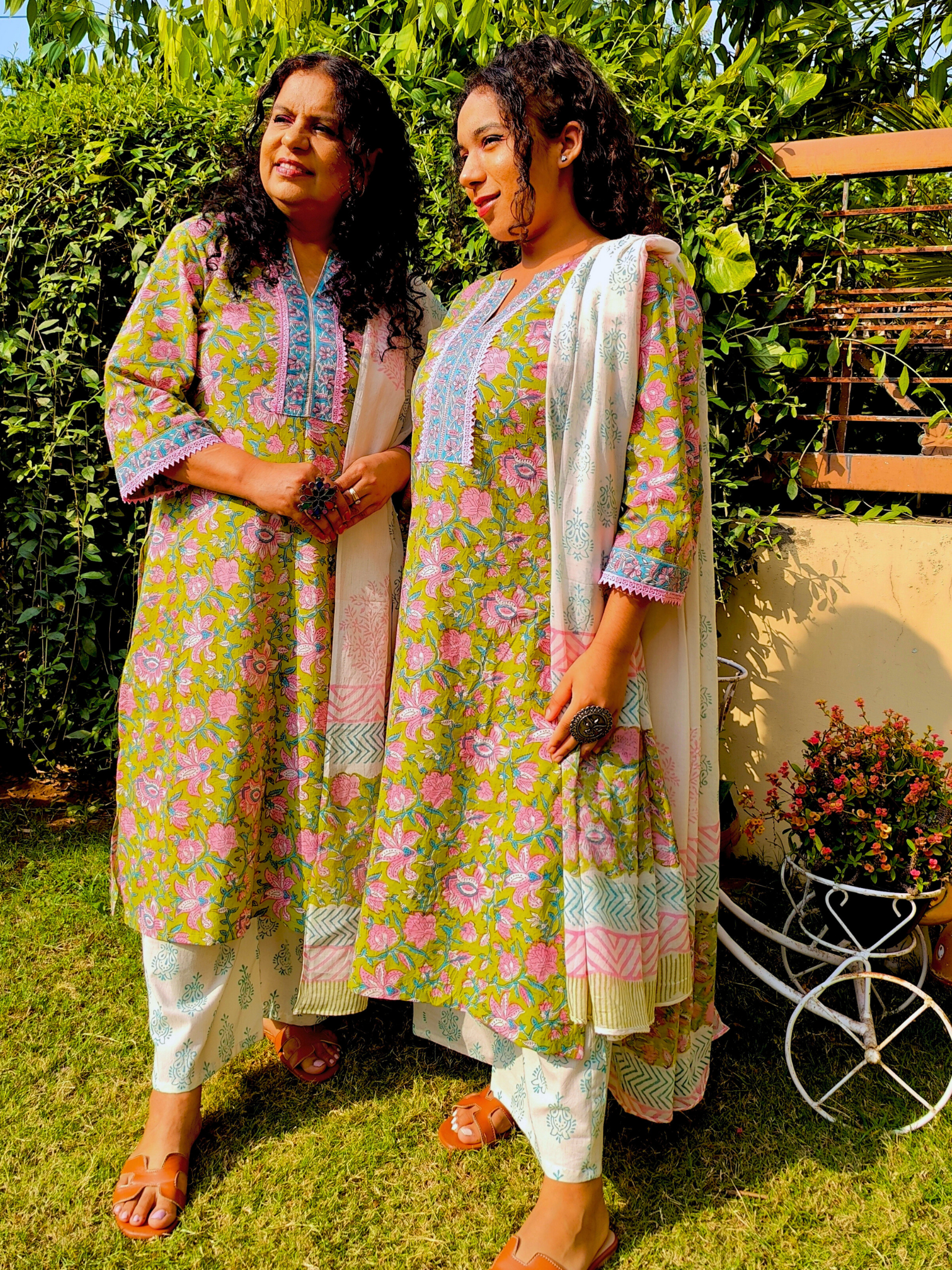 Lime Green Handblock Pink lace Cotton Stitched Suit Set