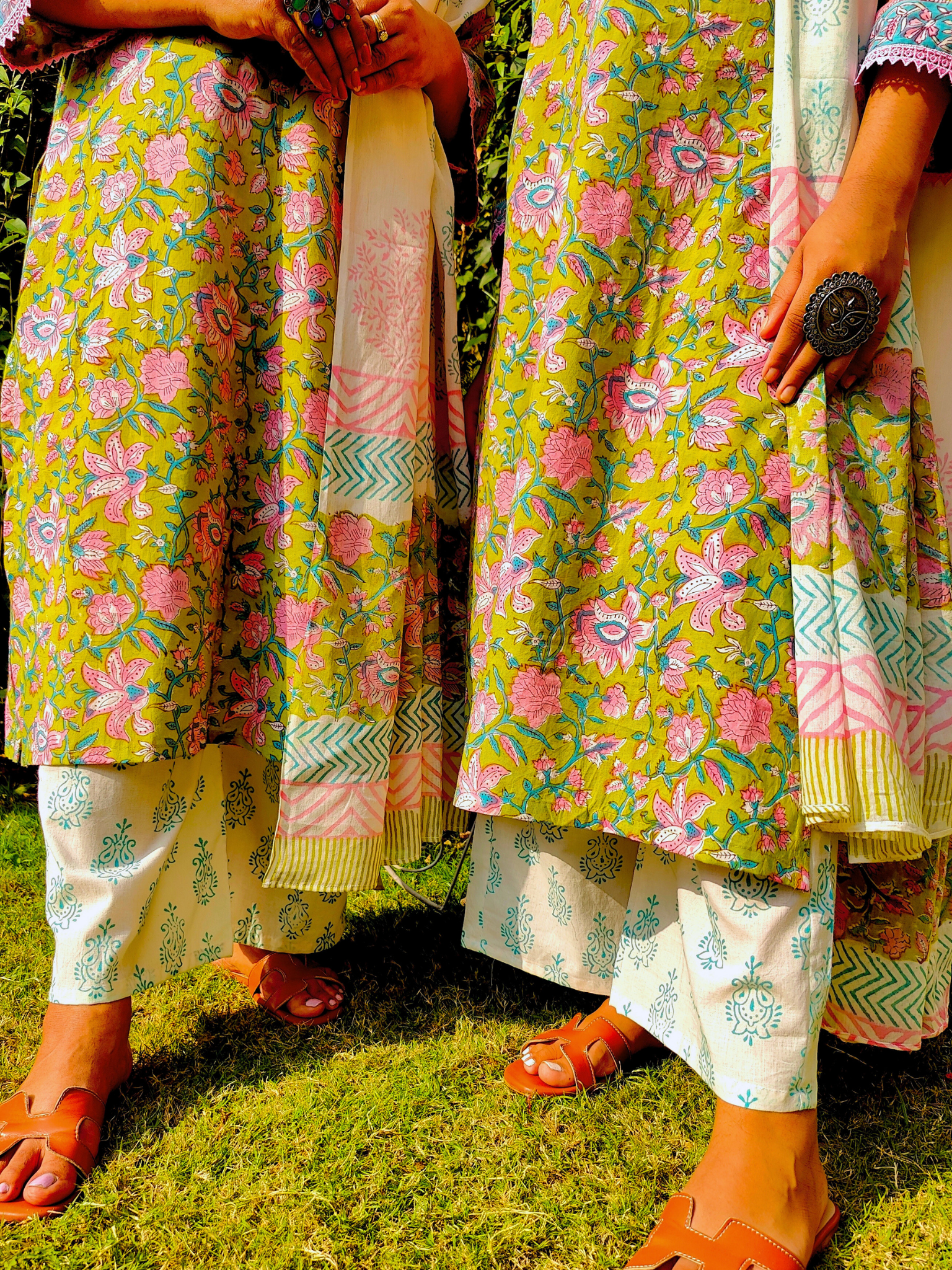 Lime Green Handblock Pink lace Cotton Stitched Suit Set