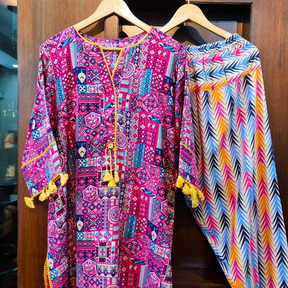 Multi-coloured yellow Lace Cotton Stitched Co-Ord Set