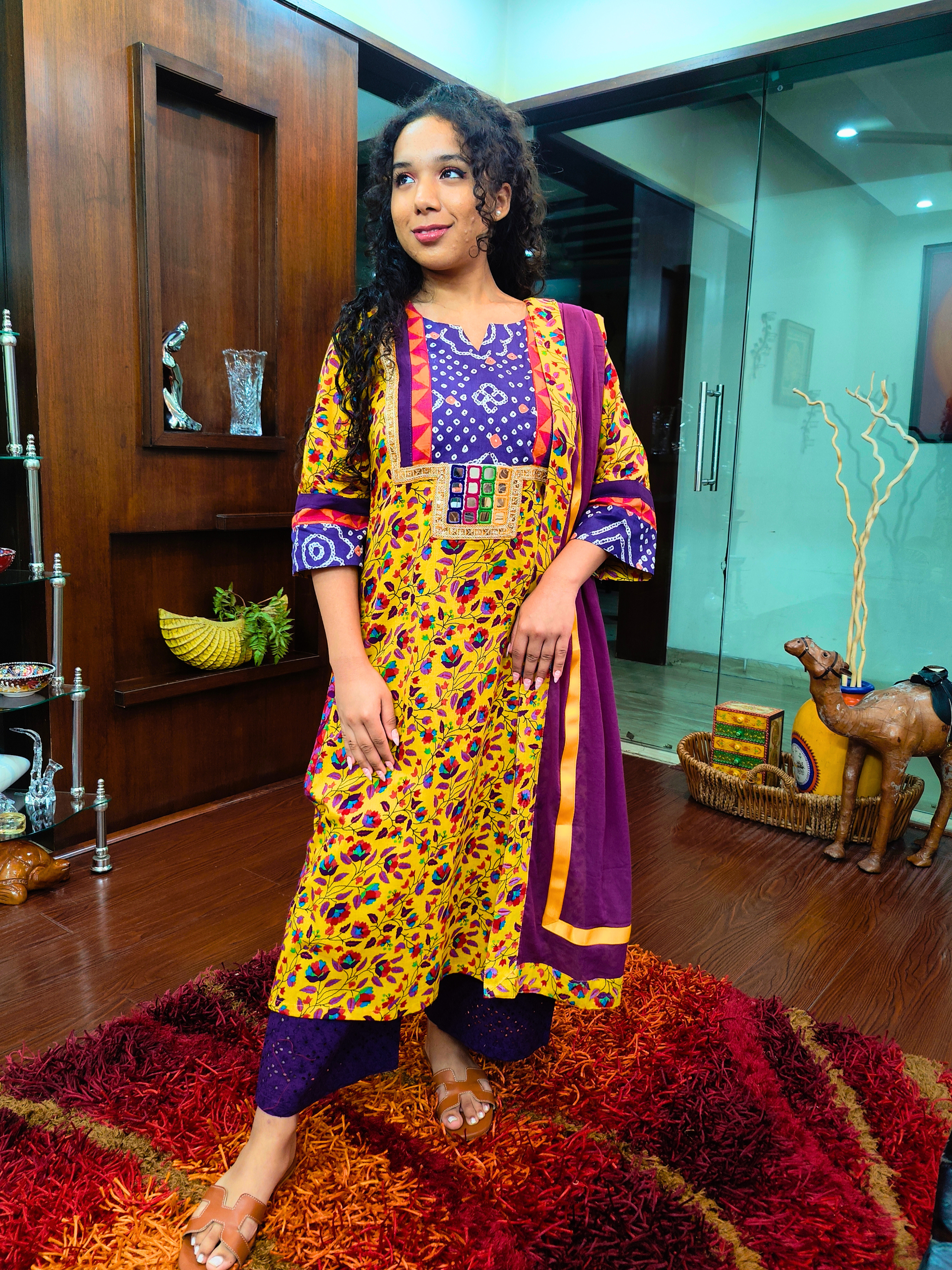 Yellow Floral Handblock Real Mirror Cotton Stitched Suit Set