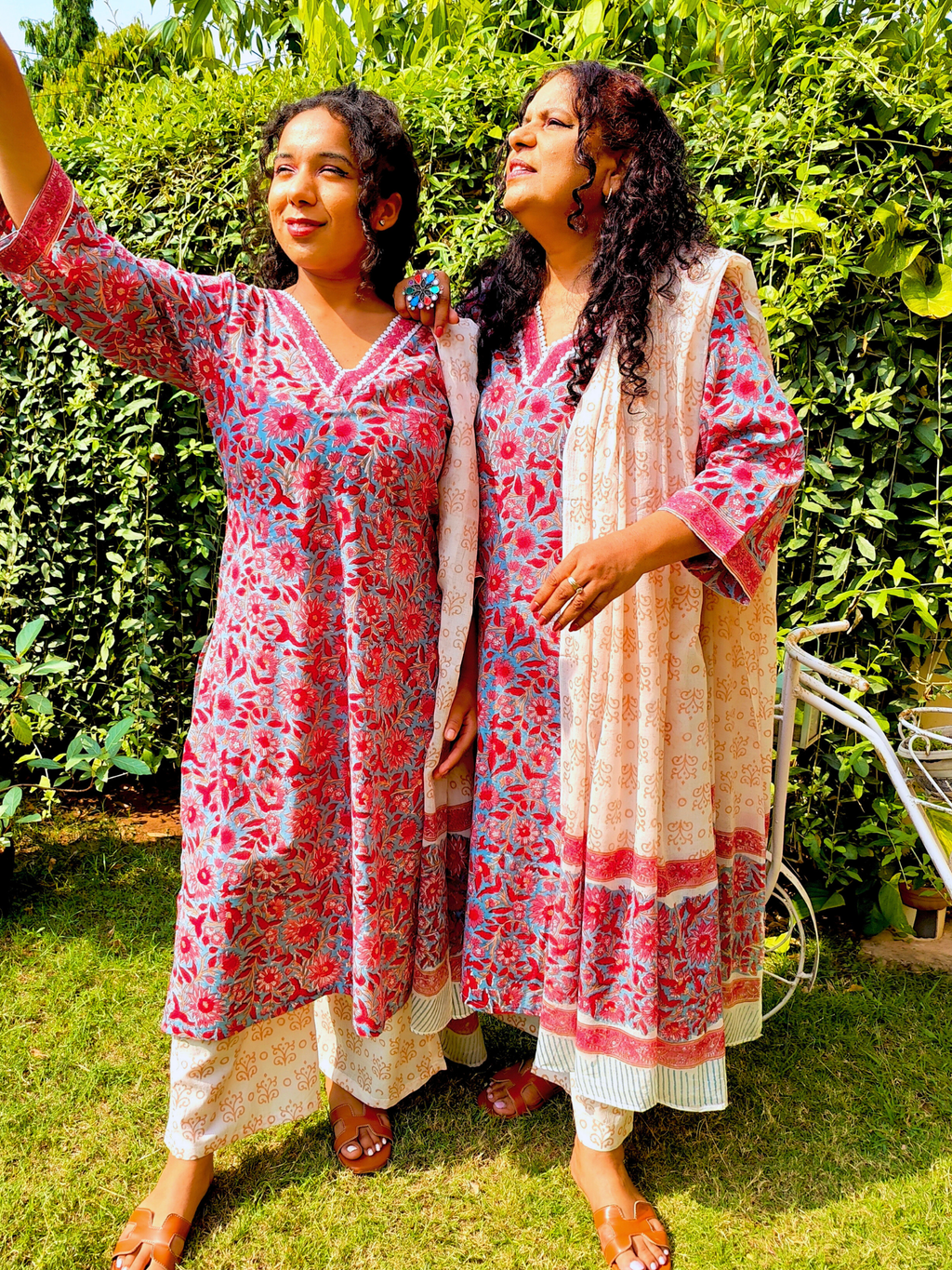 Red Floral Handblock White lace Cotton Stitched Suit Set