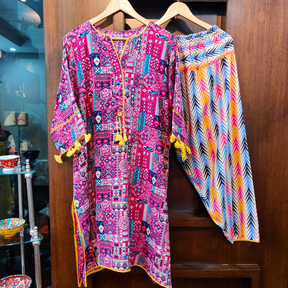 Multi-coloured yellow Lace Cotton Stitched Co-Ord Set