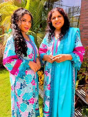Sky Blue Multi Floral Digital Printed Cotton Stitched Suit Set
