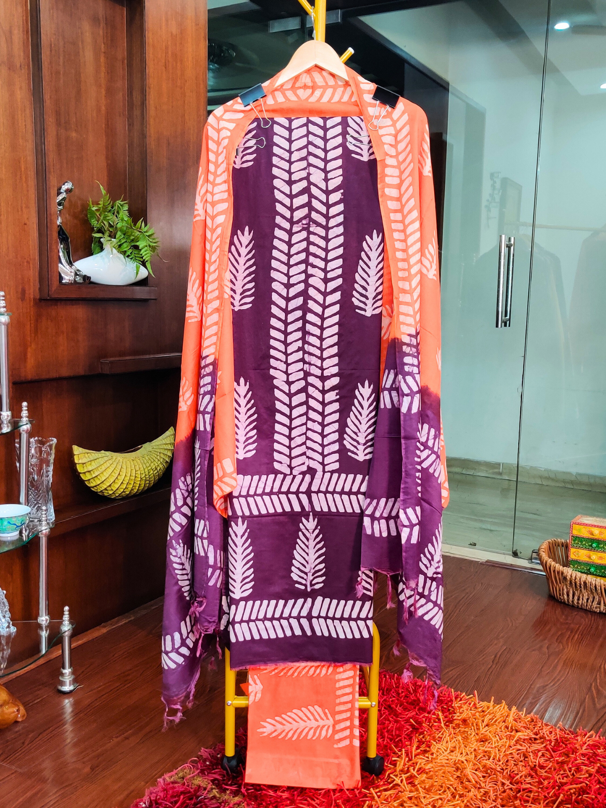 Purple and Orange Batik Cotton Silk Unstitched Dress Material Suit Set