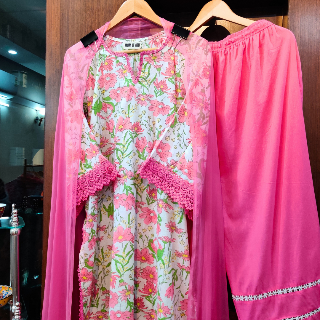 White Cotton Pink Floral handblock Stitched Suit Set