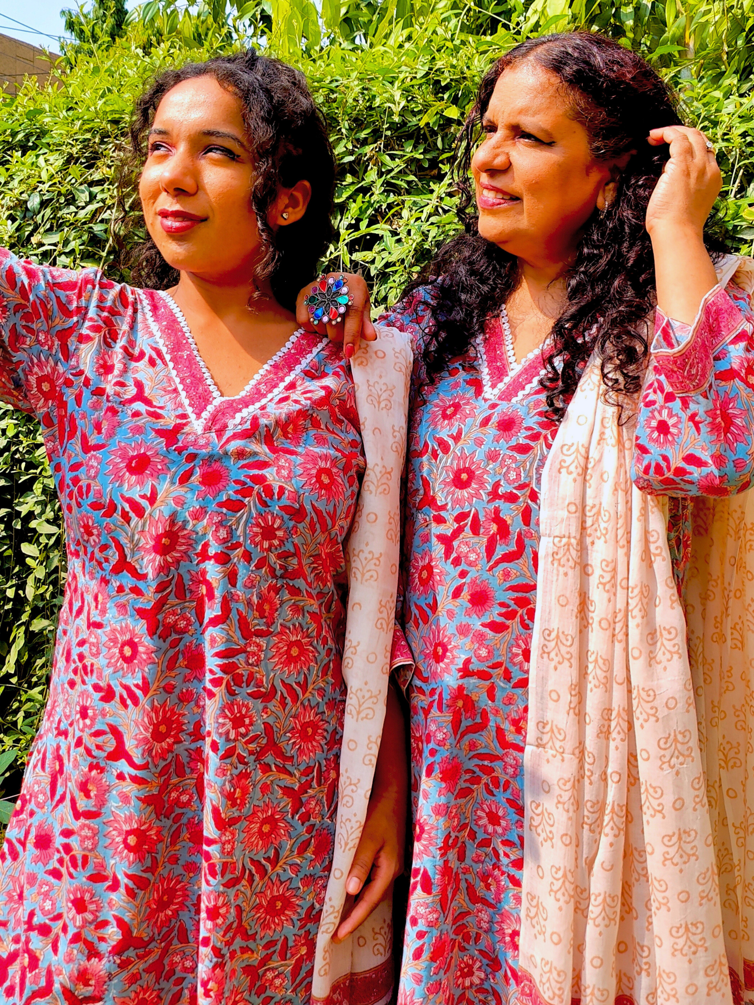 Red Floral Handblock White lace Cotton Stitched Suit Set