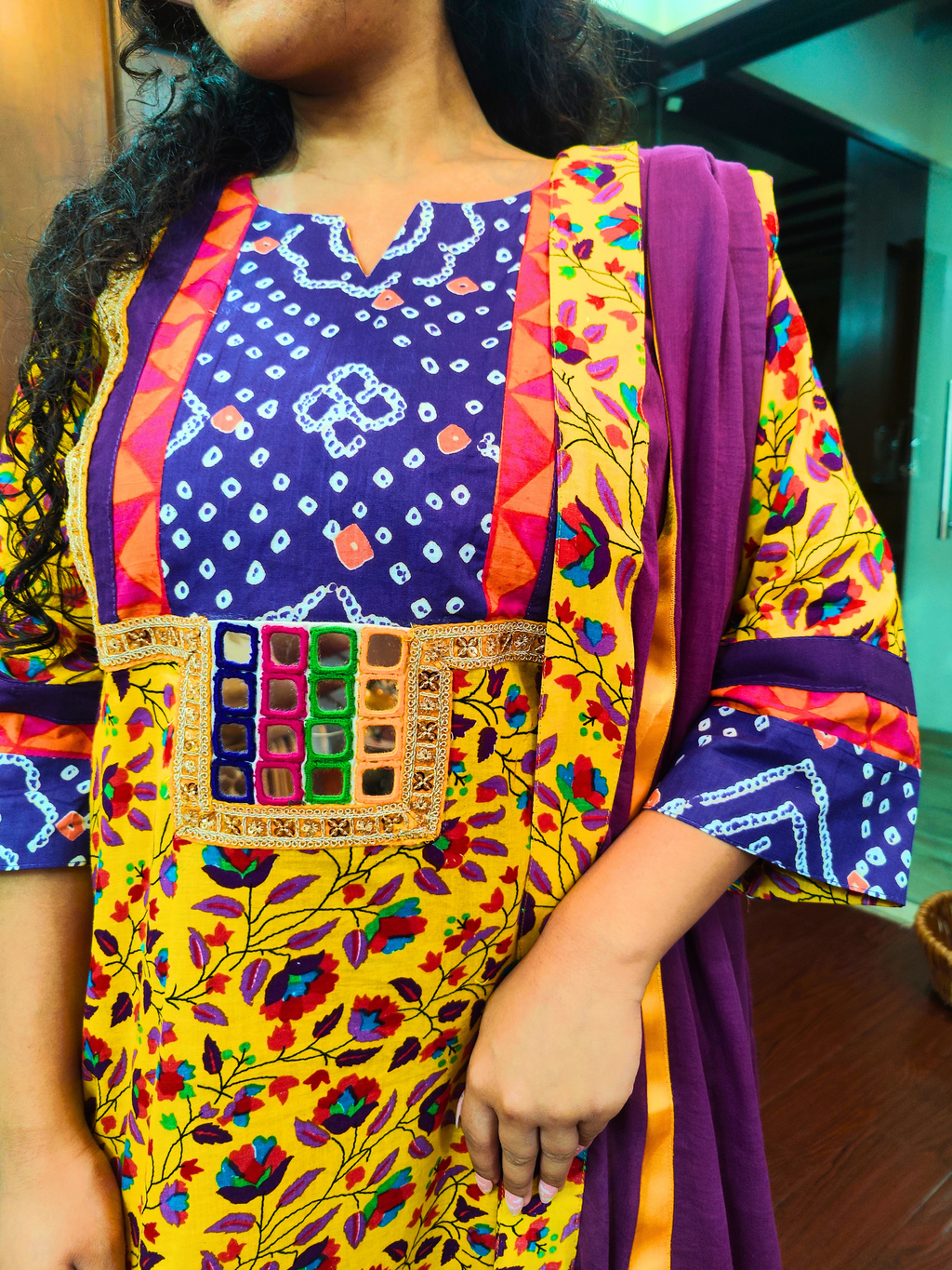 Yellow Floral Handblock Real Mirror Cotton Stitched Suit Set