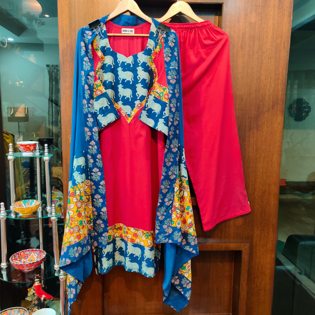 Red Cotton Blue kalamkari Stitched Suit Set