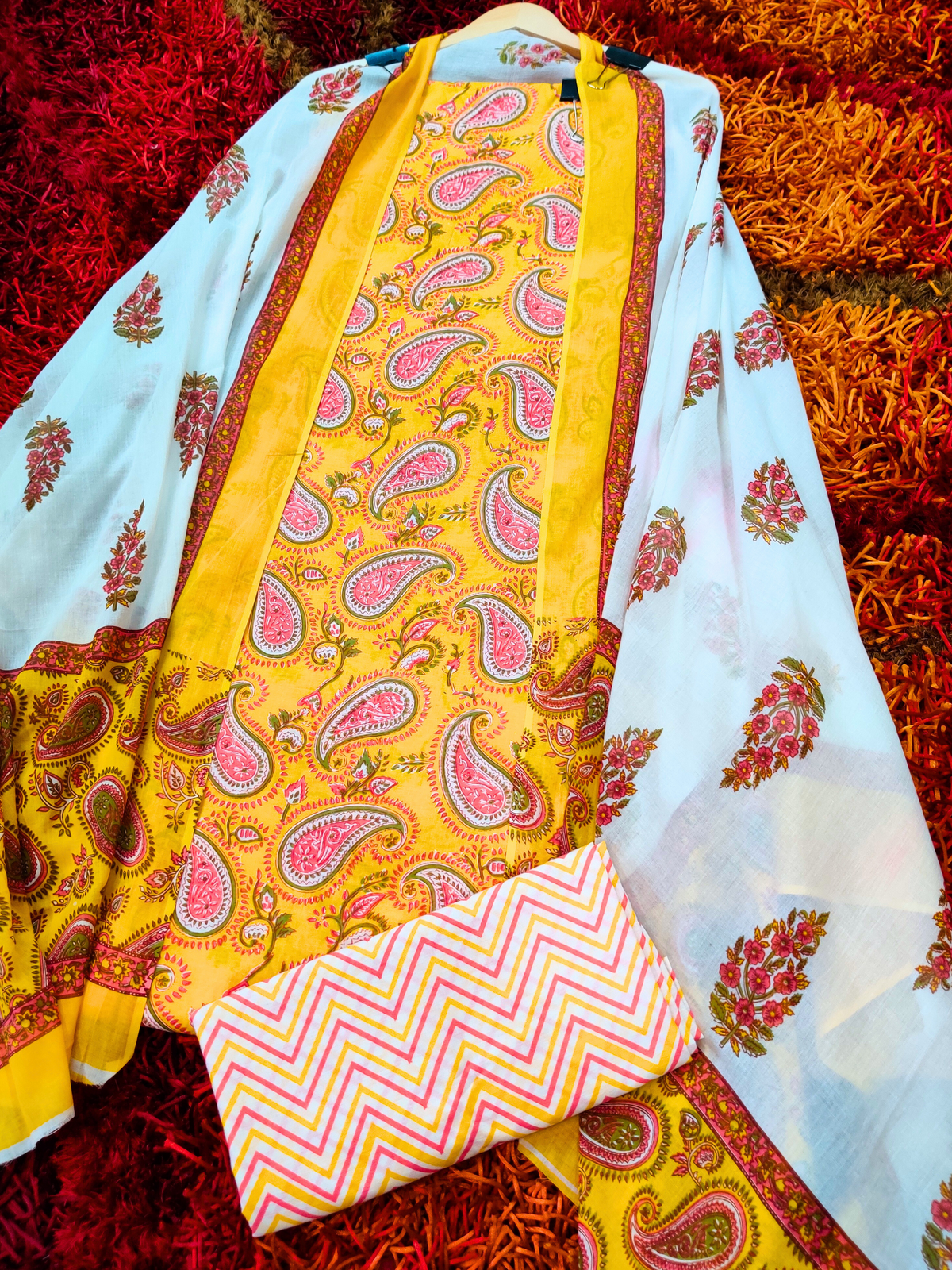 Yellow Handblock Cotton Unstitched Dress Material Suit Set