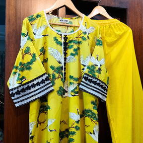 Yellow Digital Printed Cotton Lace Stitched Co-Ord Set