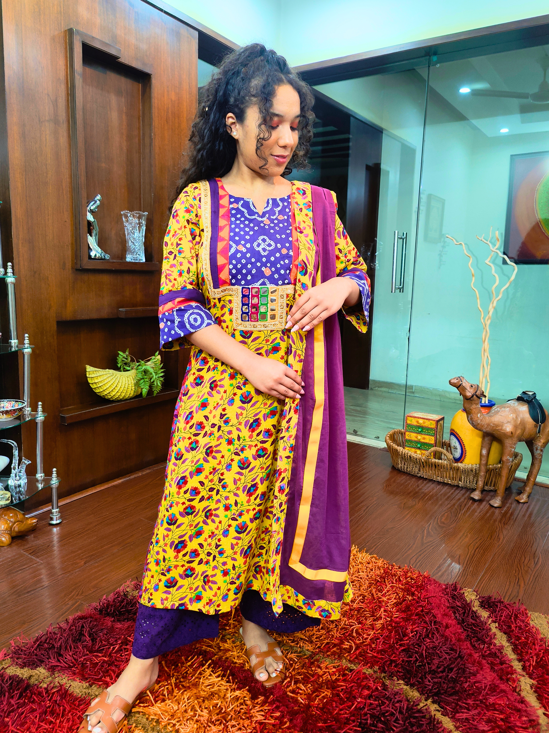 Yellow Floral Handblock Real Mirror Cotton Stitched Suit Set