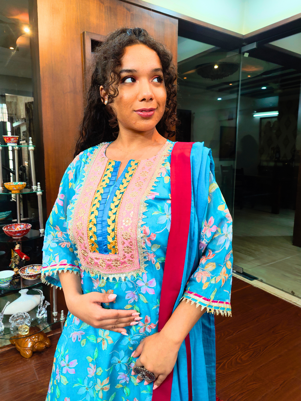 Sky Blue Organza Embroidered Golden Lace Stitched Suit Set