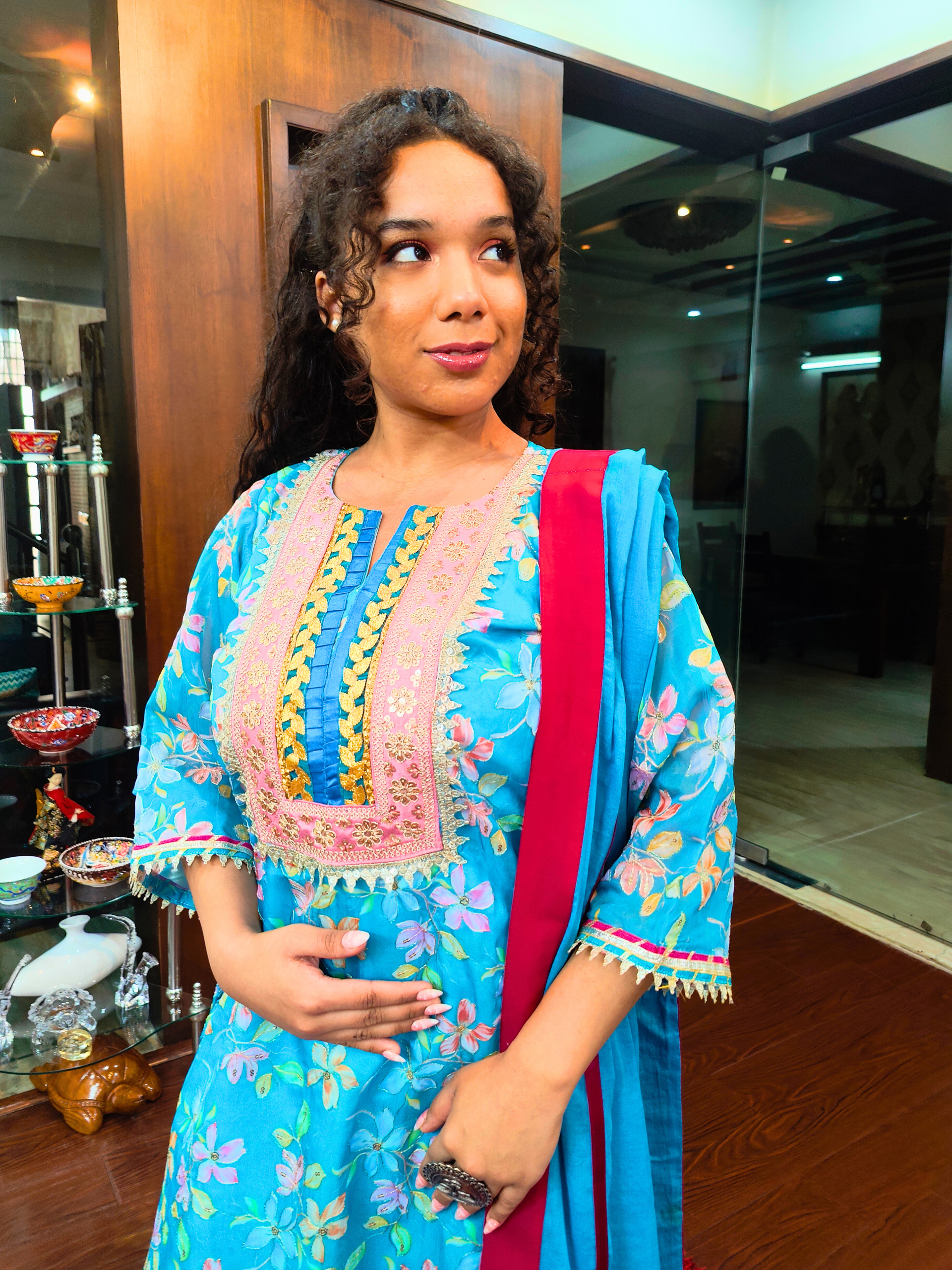 Sky Blue Organza Embroidered Golden Lace Stitched Suit Set