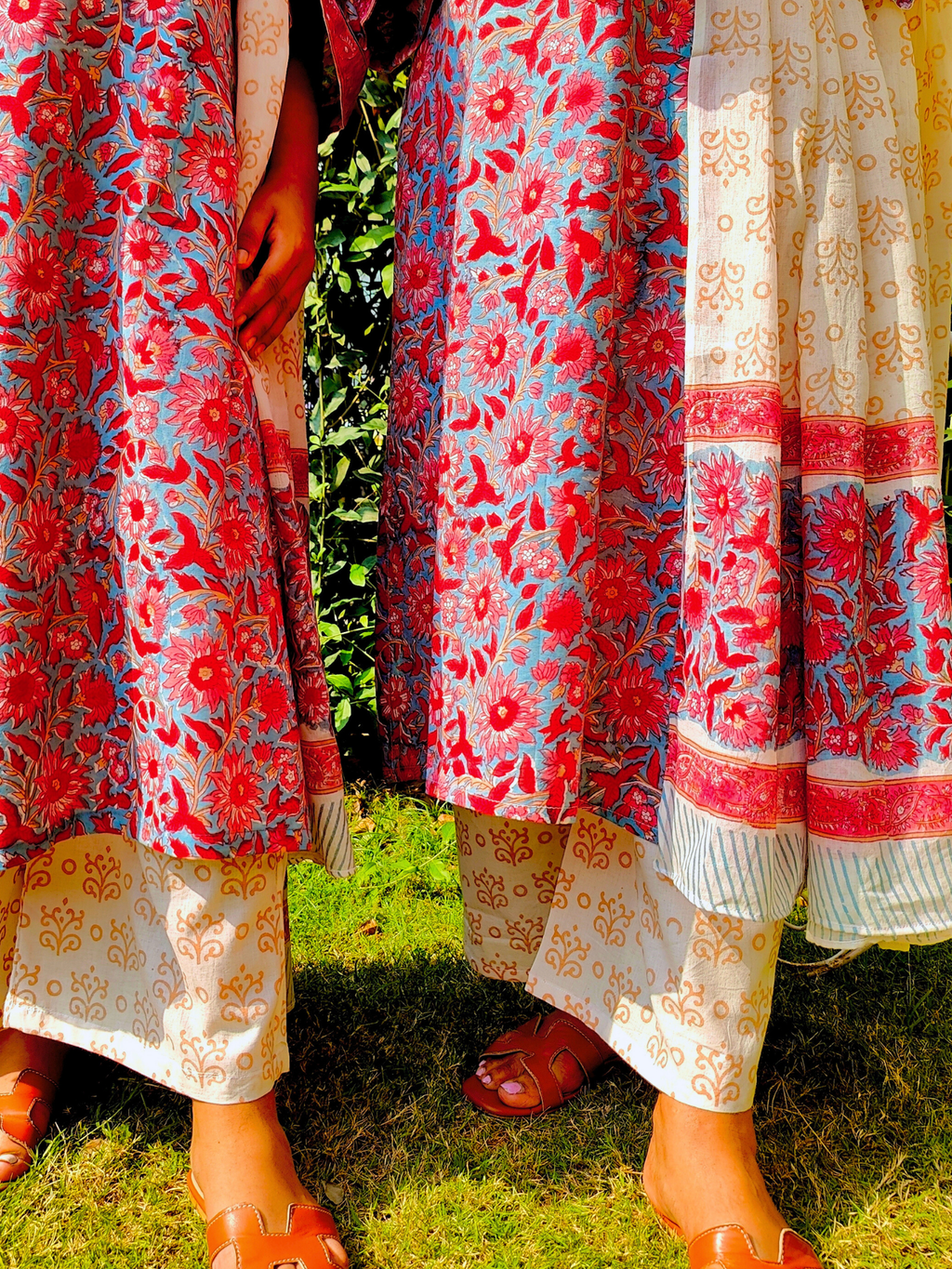 Red Floral Handblock White lace Cotton Stitched Suit Set
