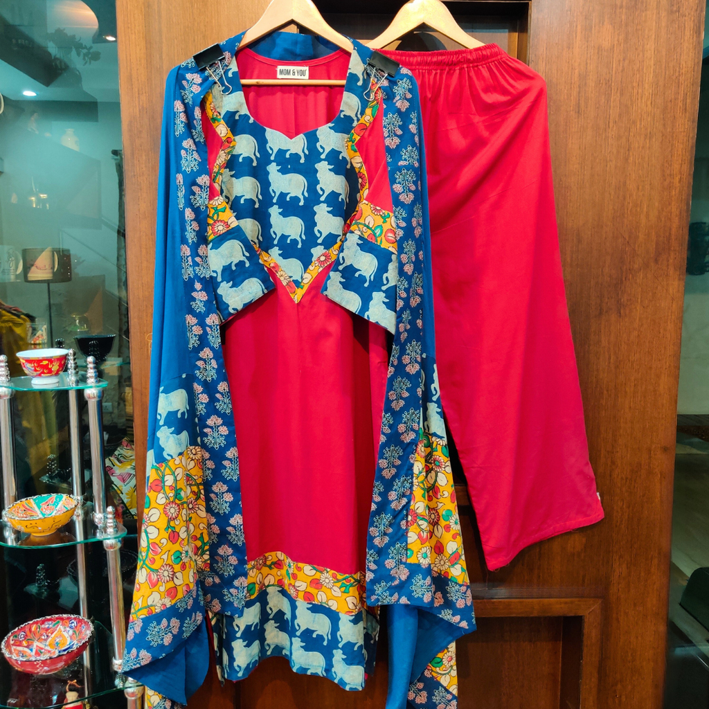 Red Cotton Blue kalamkari Stitched Suit Set