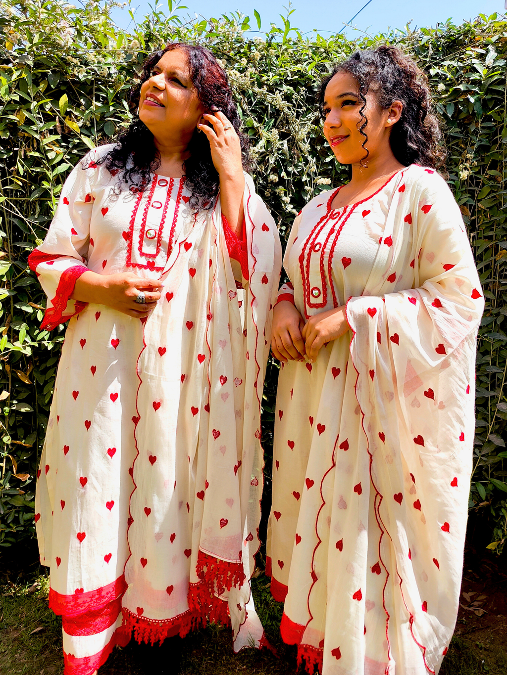 Cream Heart Embroidered Mirror Stitched Suit Set