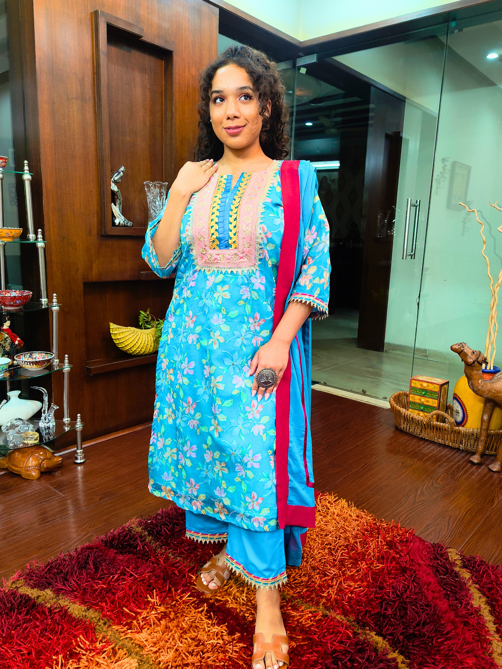 Sky Blue Organza Embroidered Golden Lace Stitched Suit Set