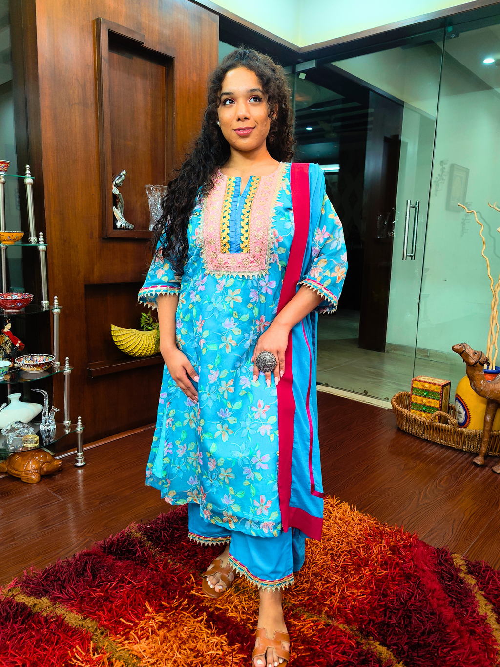 Sky Blue Organza Embroidered Golden Lace Stitched Suit Set