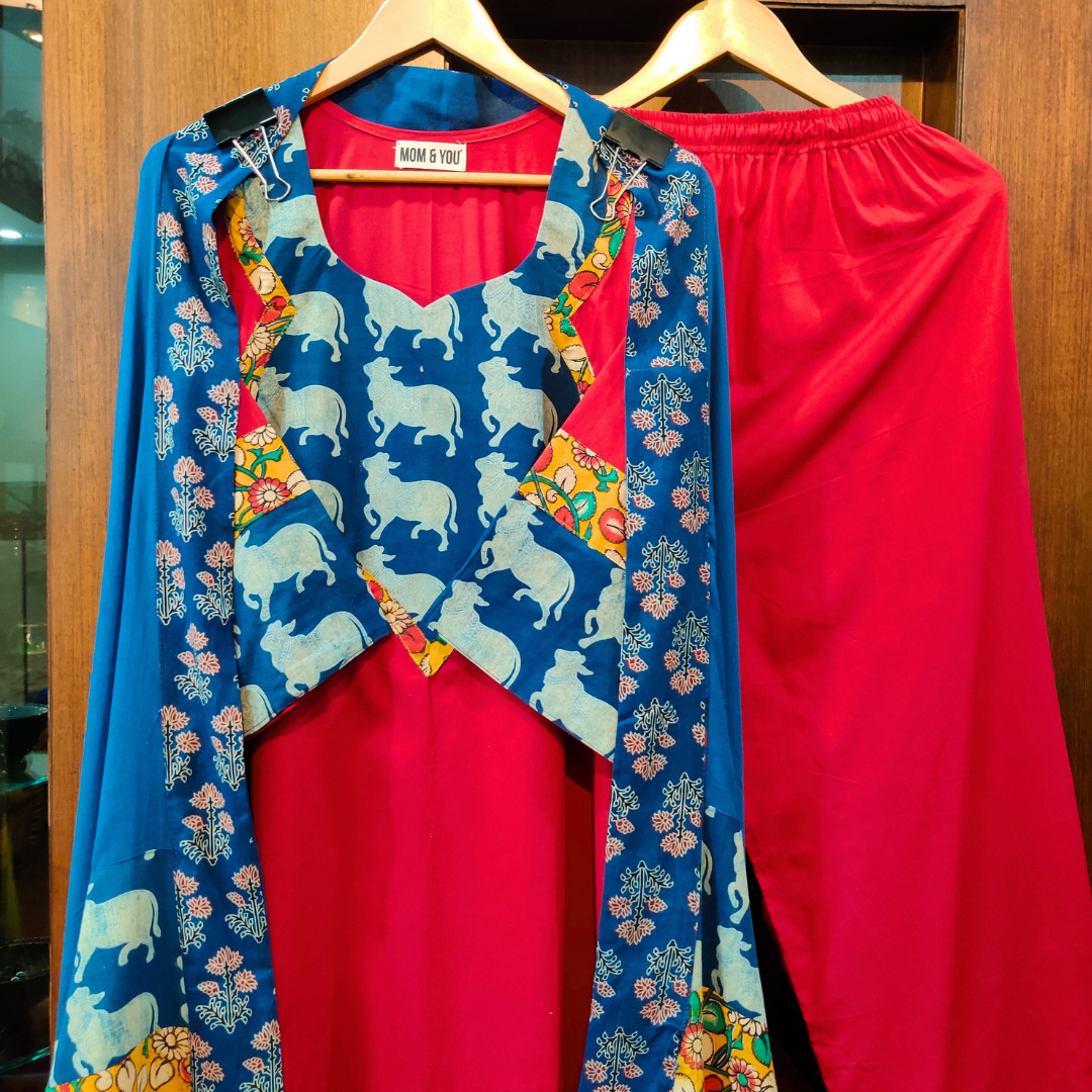 Red Cotton Blue kalamkari Stitched Suit Set