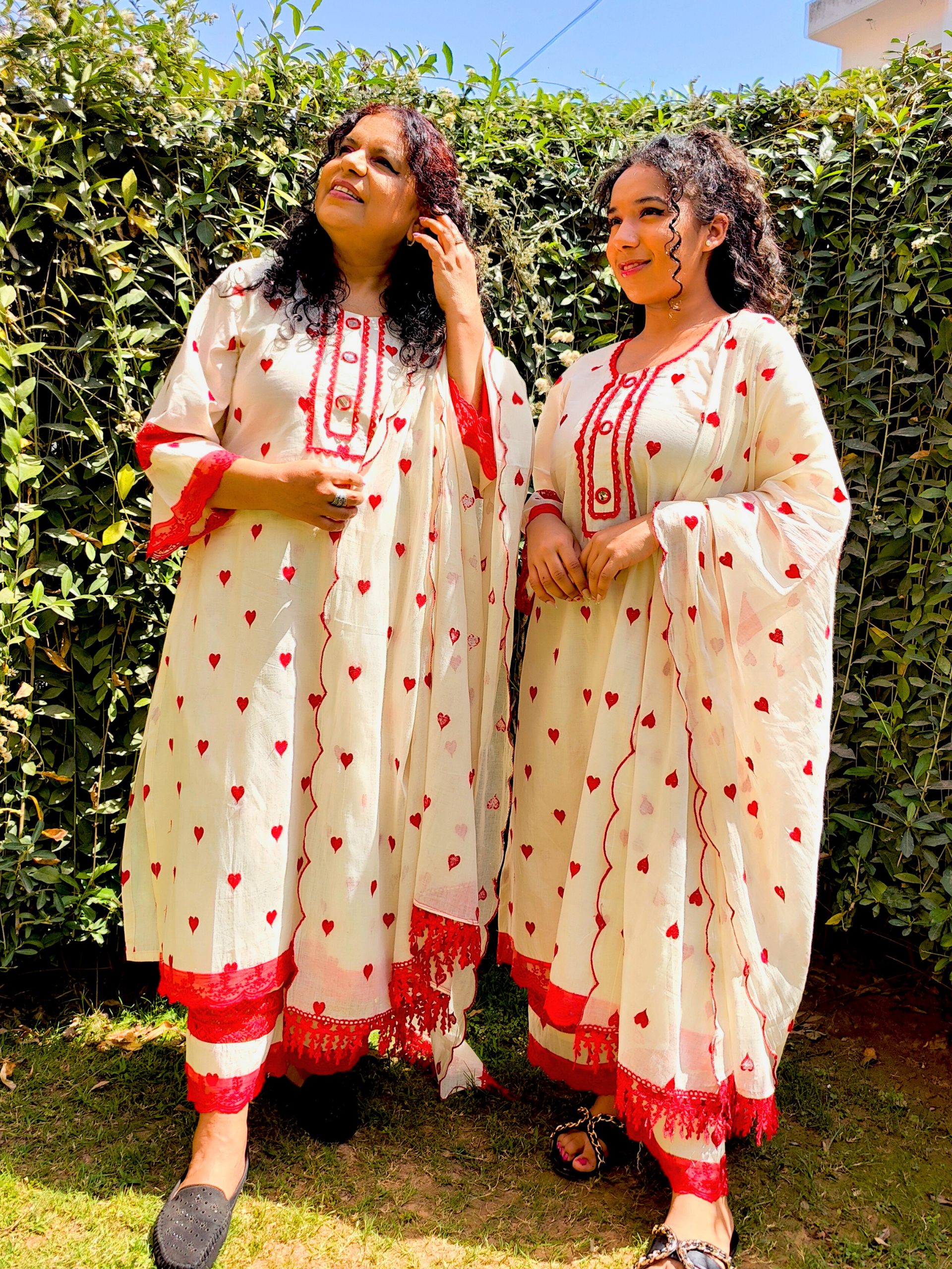 Cream Heart Embroidered Mirror Stitched Suit Set