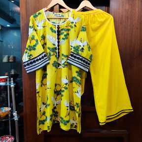 Yellow Digital Printed Cotton Lace Stitched Co-Ord Set