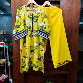 Yellow Digital Printed Cotton Lace Stitched Co-Ord Set