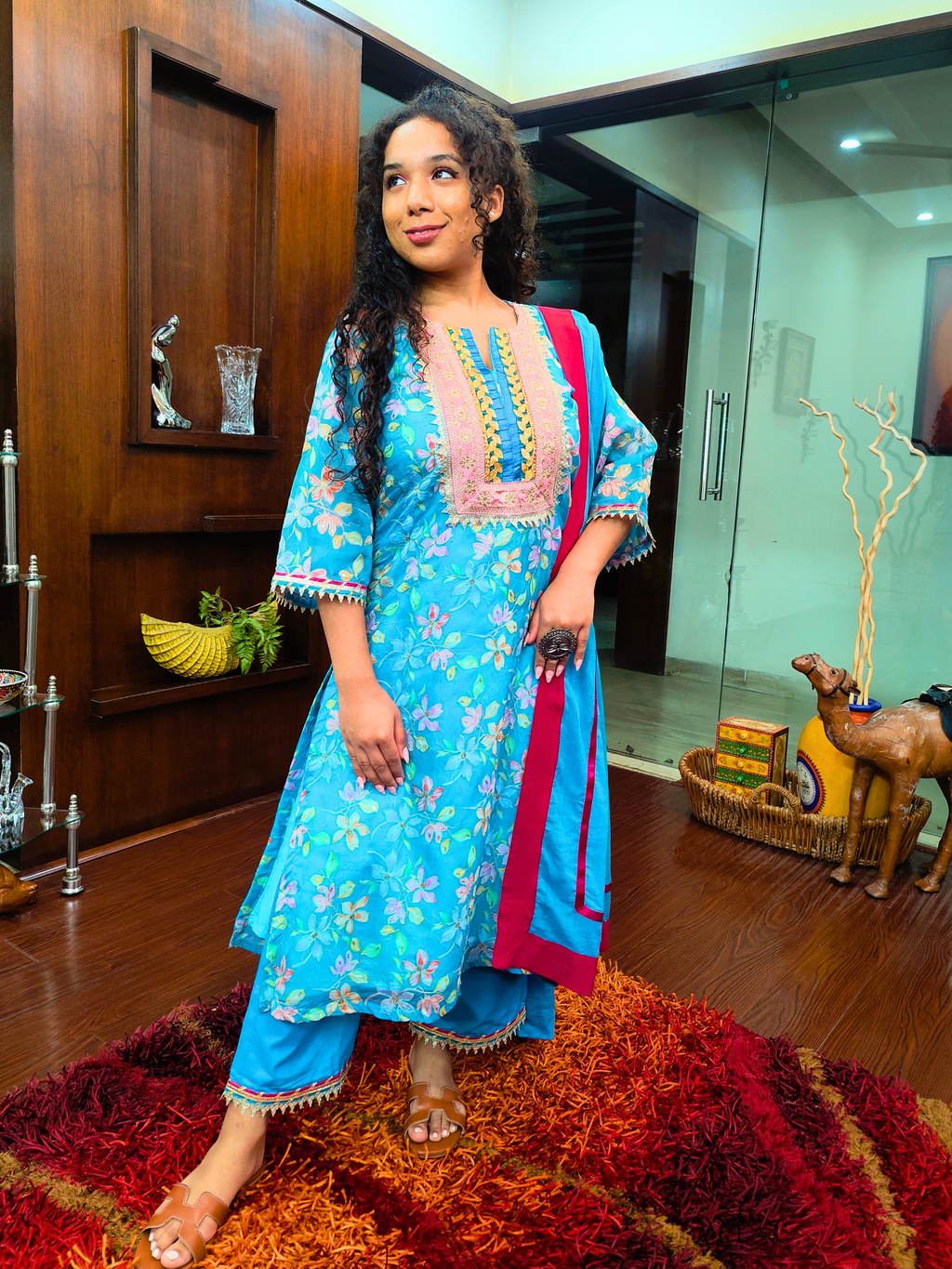 Sky Blue Organza Embroidered Golden Lace Stitched Suit Set