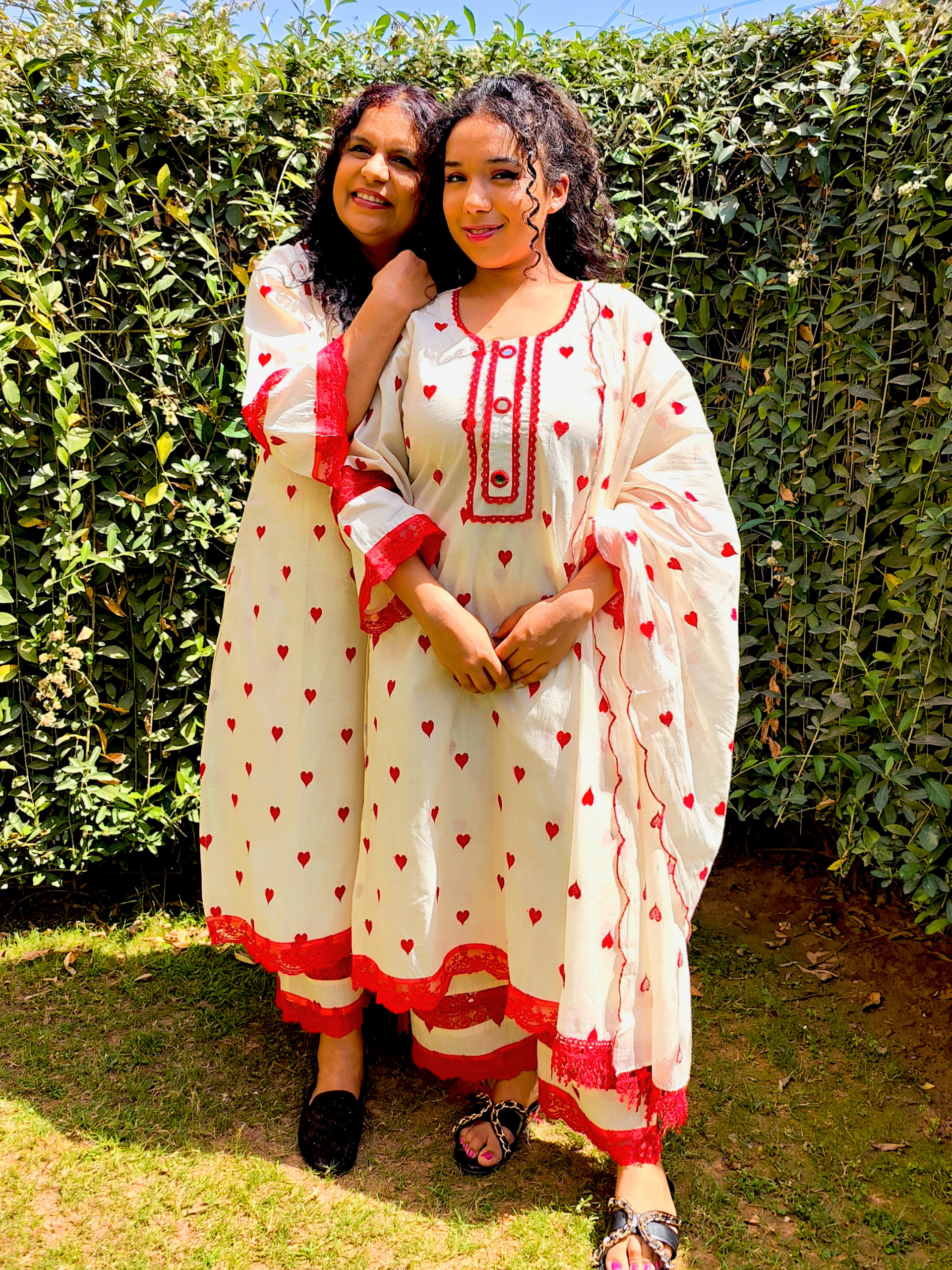 Cream Heart Embroidered Mirror Stitched Suit Set