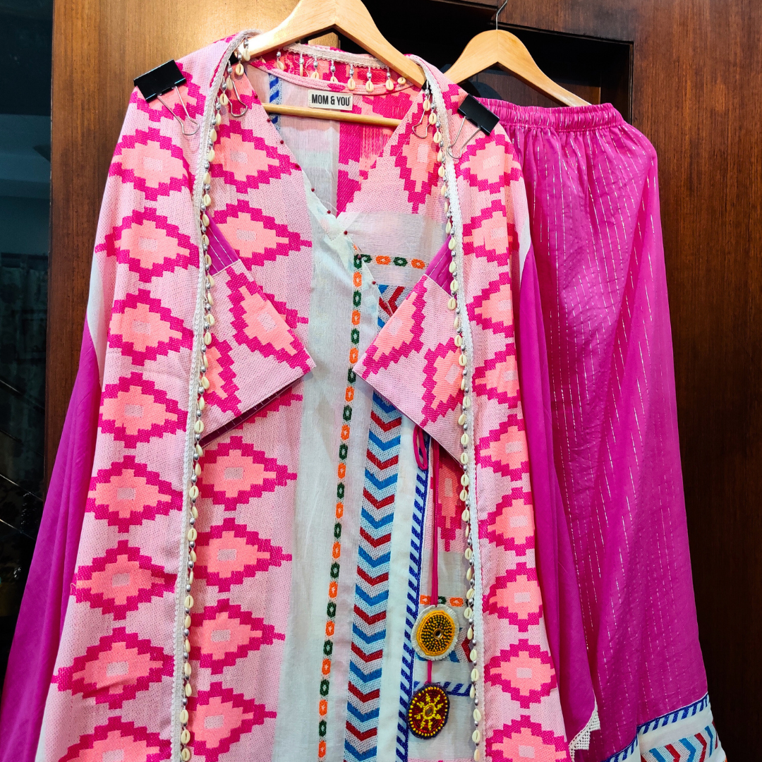 Magenta Afghani Embroidered Tassels Stitched Suit Set