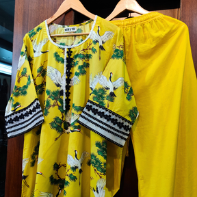 Yellow Digital Printed Cotton Lace Stitched Co-Ord Set