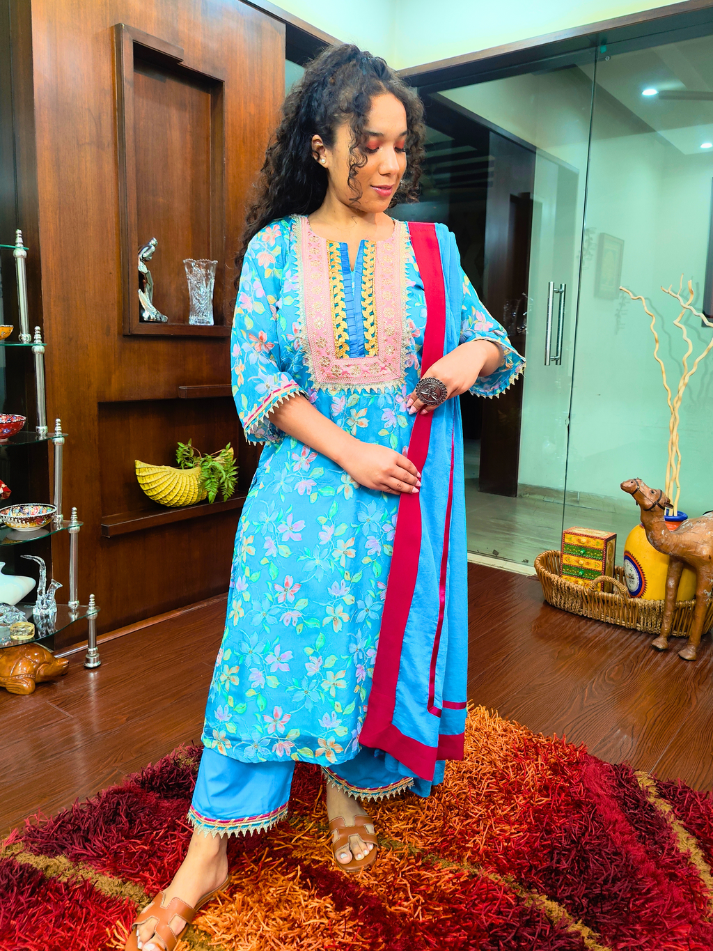 Sky Blue Organza Embroidered Golden Lace Stitched Suit Set