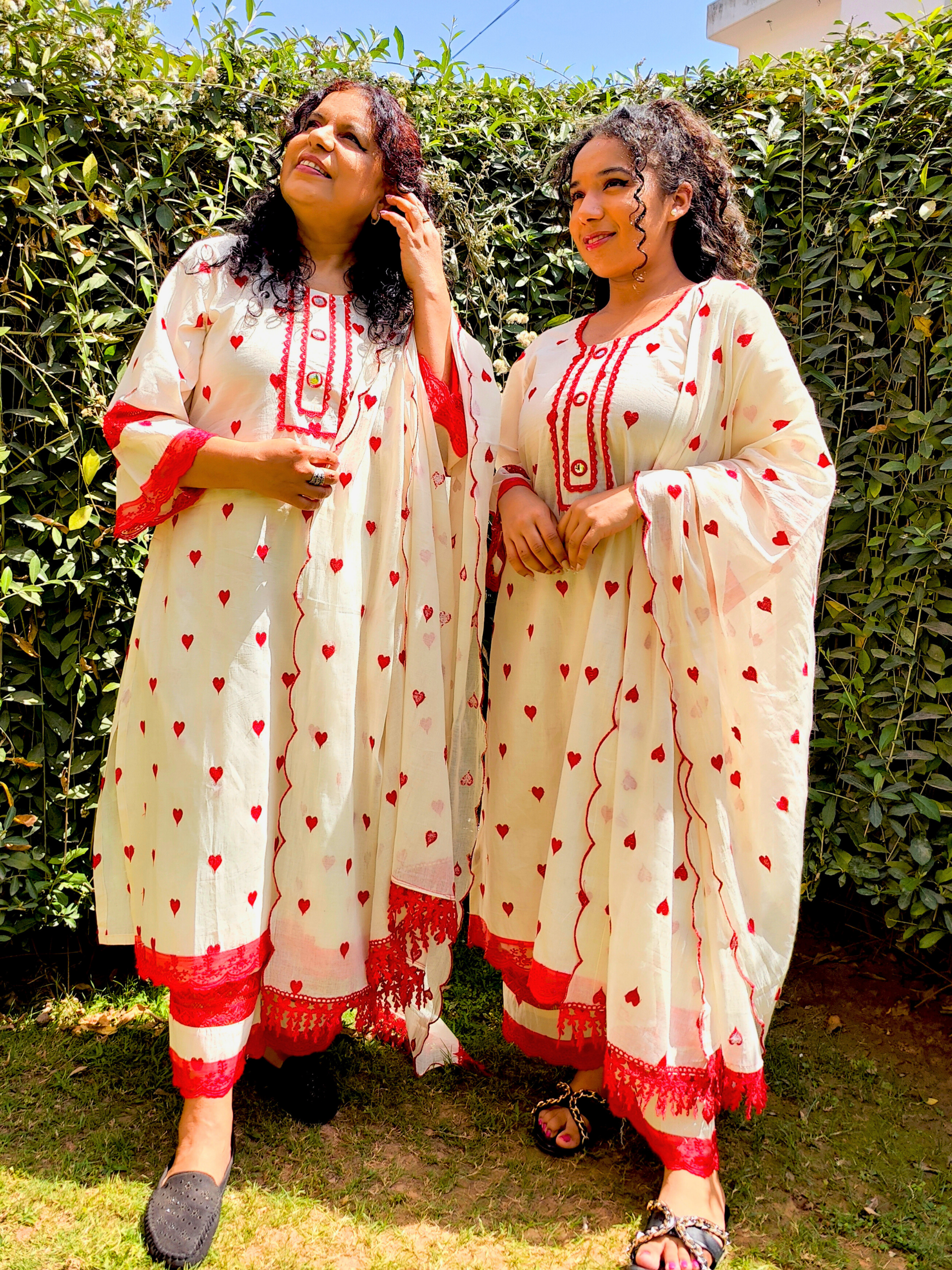 Cream Heart Embroidered Mirror Stitched Suit Set