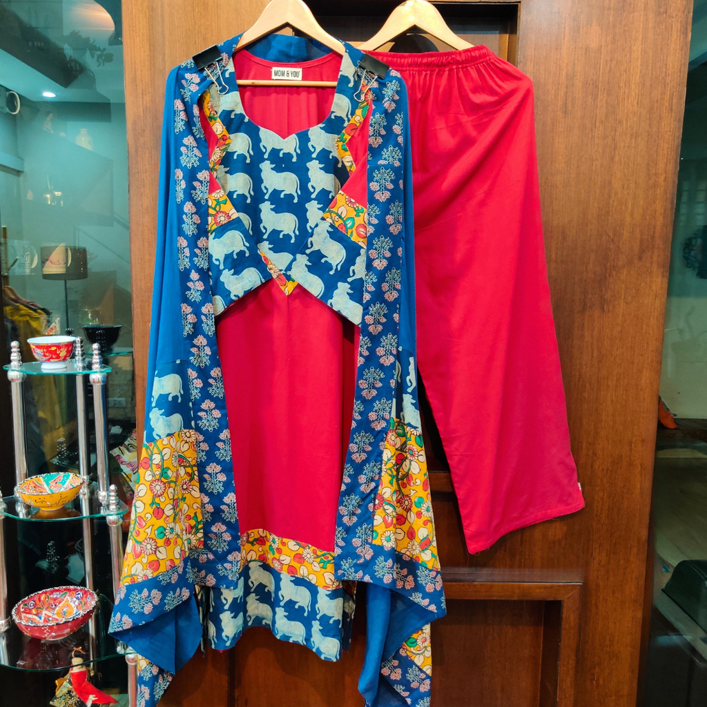 Red Cotton Blue kalamkari Stitched Suit Set