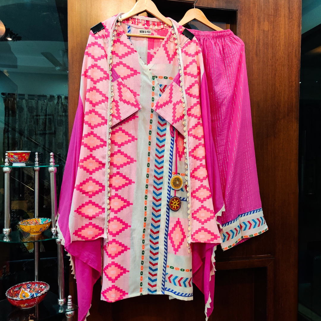 Magenta Afghani Embroidered Tassels Stitched Suit Set