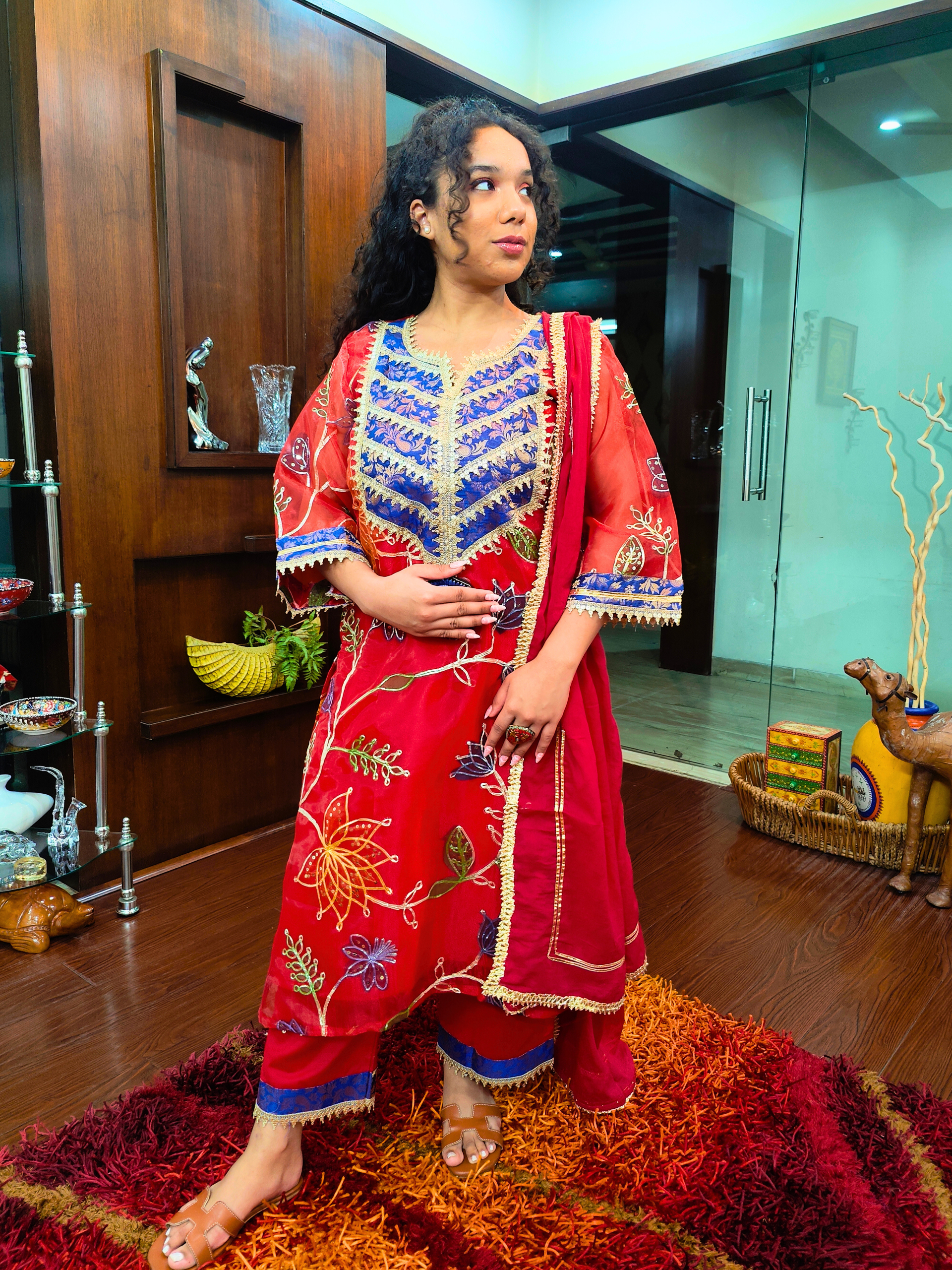 Red Organza Embroidered Banarsi Gota Stitched Suit Set