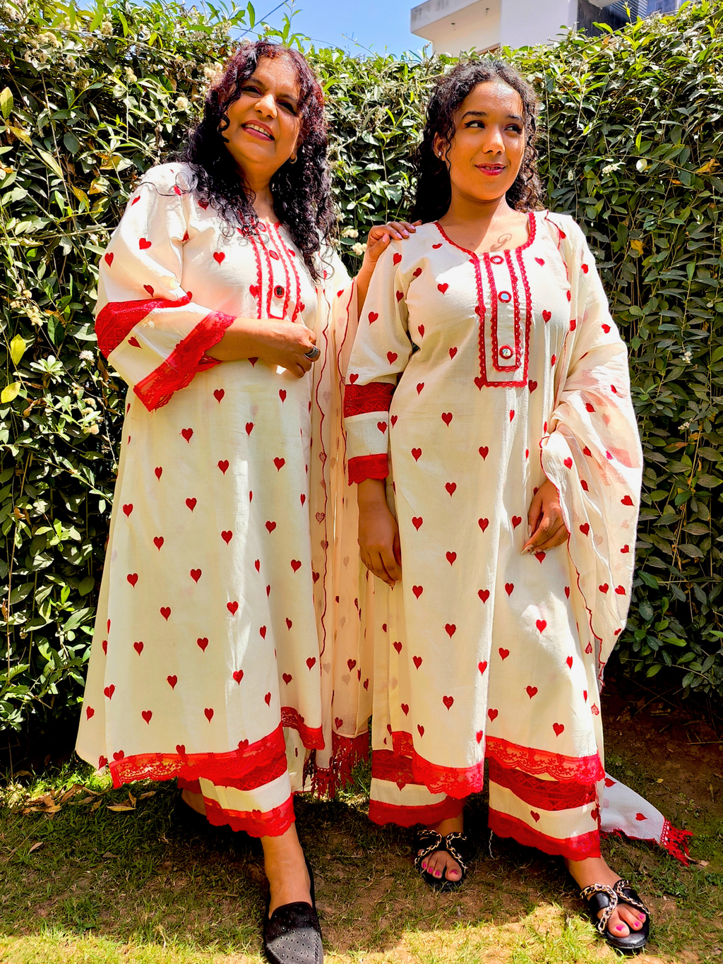 Cream Heart Embroidered Mirror Stitched Suit Set