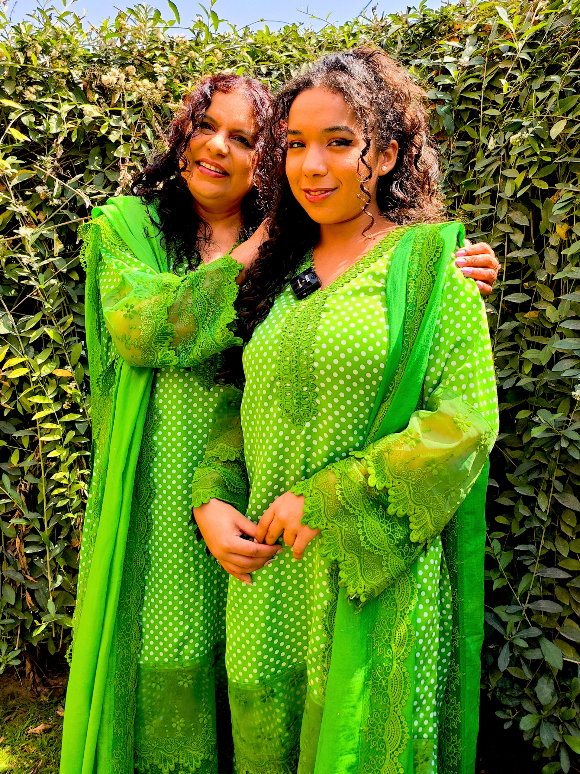 Green Polka Dot Satin Silk Stitched Suit Set