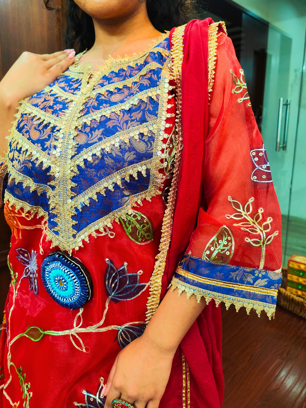 Red Organza Embroidered Banarsi Gota Stitched Suit Set