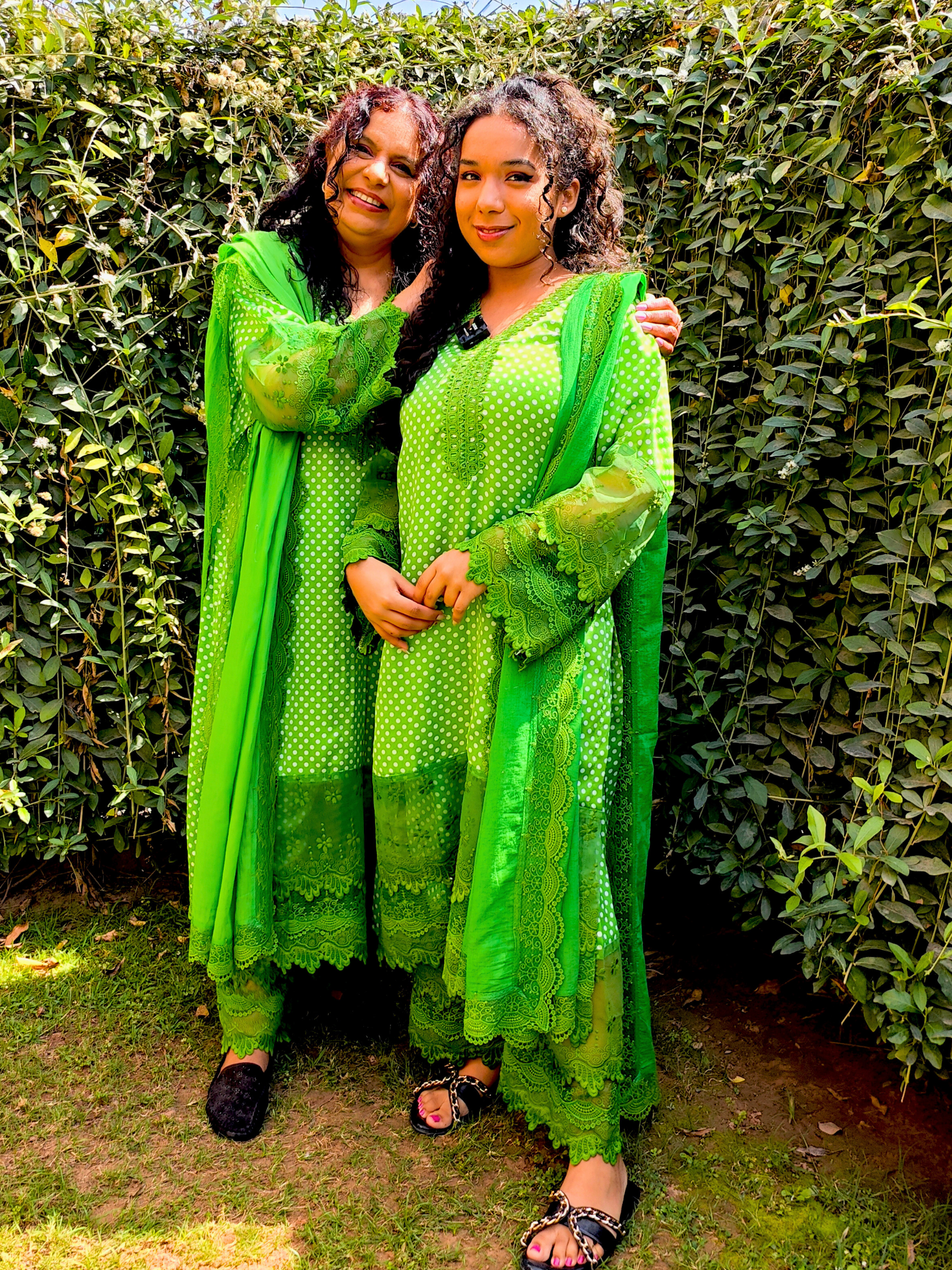 Green Polka Dot Satin Silk Stitched Suit Set