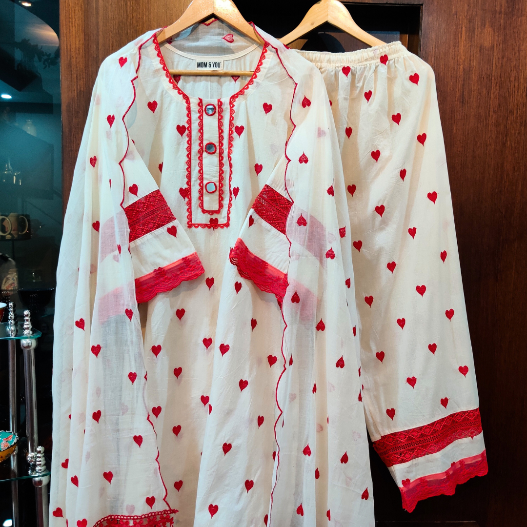 Cream Heart Embroidered Mirror Stitched Suit Set